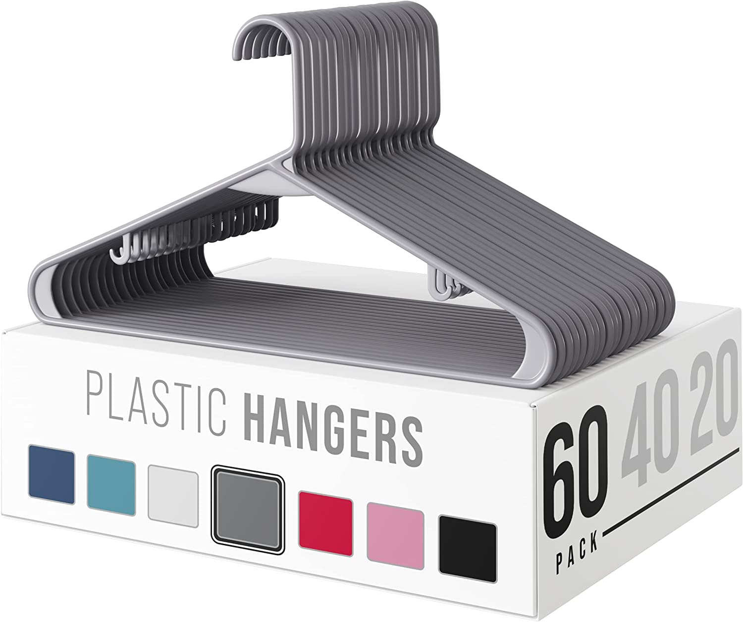 Plastic Clothes Hangers (20, 40, 60, 100 Packs) Heavy Duty Durable Coat and Clothes Hangers | Vibrant Color Hangers | Lightweight Space Saving Laundry